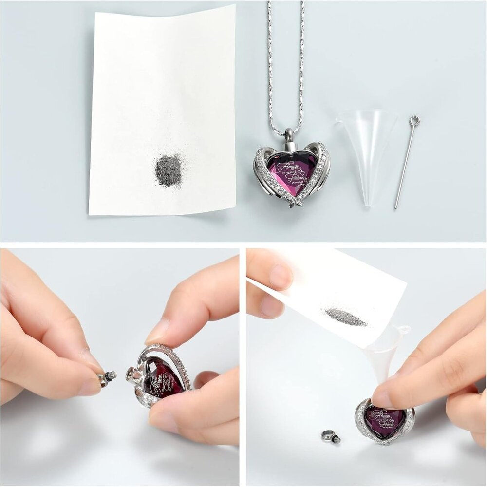Cremation Jewelry for Ashes Pendant - Crystal Heart Urn Necklace with Mini Keeps - Picture 6 of 7